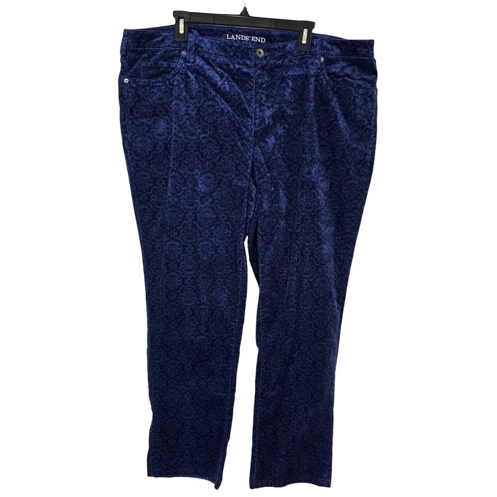 Lands End Velvet Pants Women's 20W Blue Medallion Straight Leg Festive Autumn